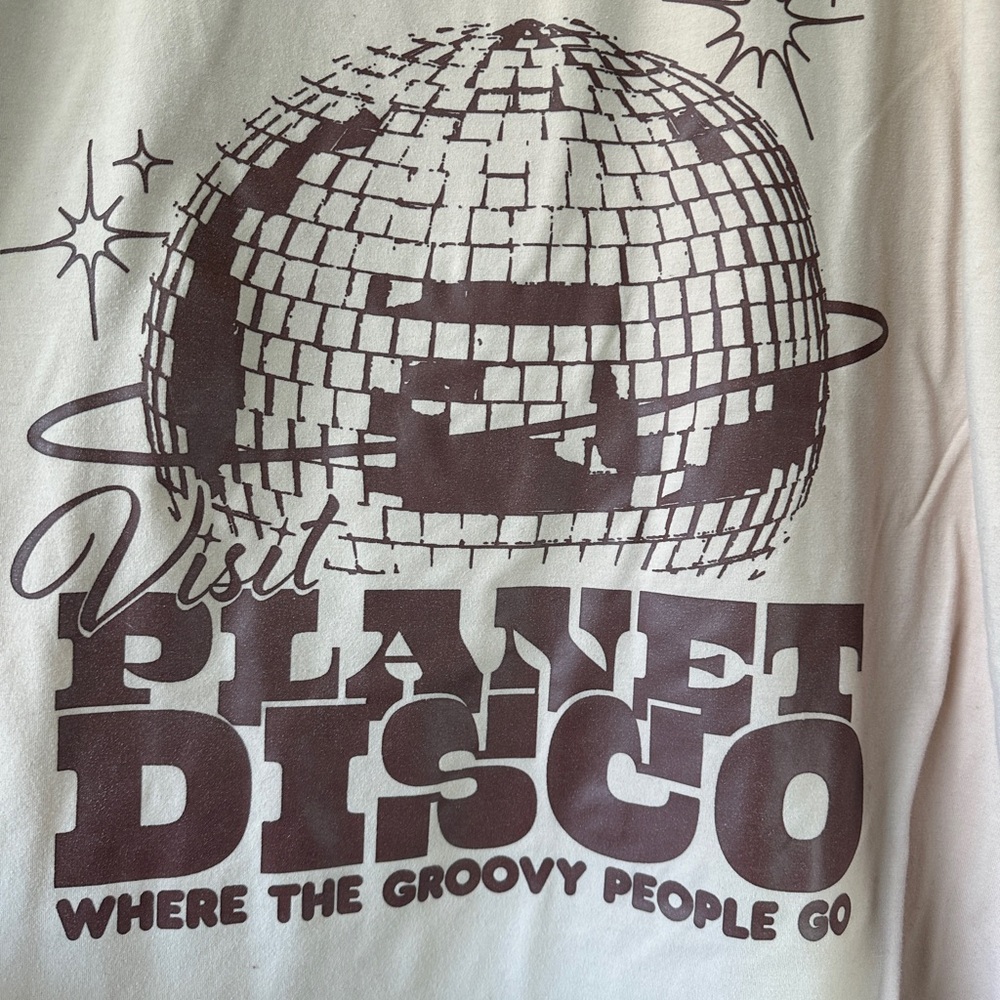 SHEIN Beige Planet Disco Tee Retro Graphic Short Sleeve T Shirt Vintage - Picture 2 of 4